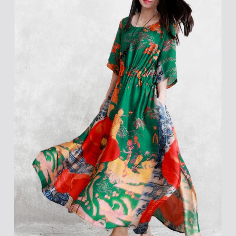 French o neck asymmetric silk blended green print Traveling Dress summer - Omychic