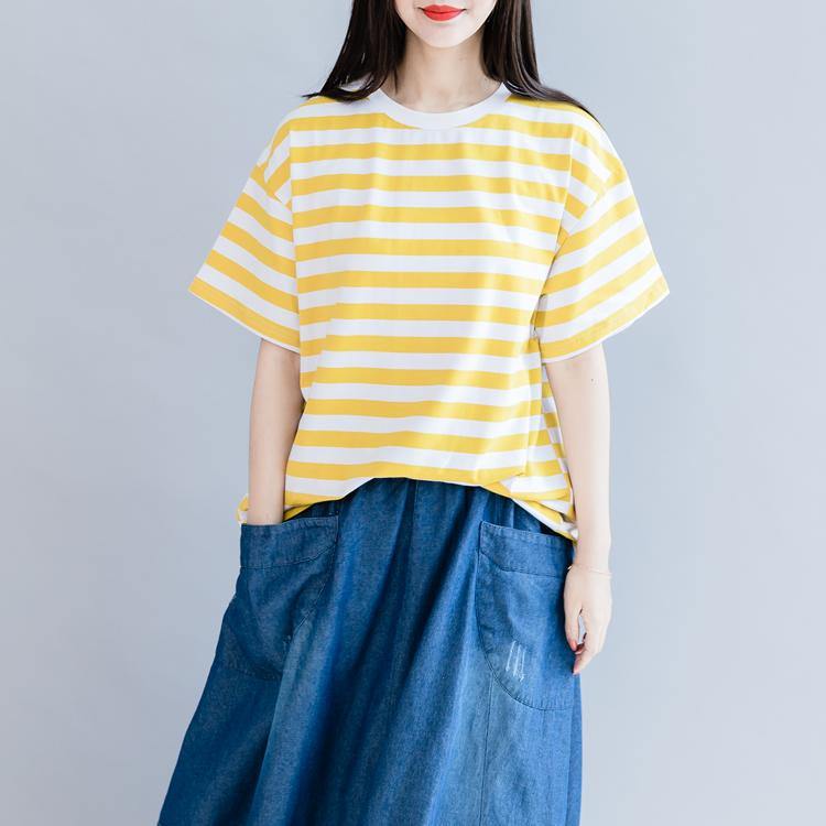 French o neck back side open cotton clothes Tutorials yellow striped shirt summer - Omychic
