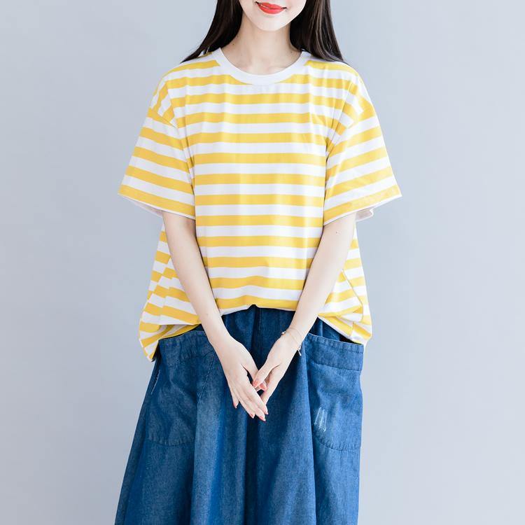 French o neck back side open cotton clothes Tutorials yellow striped shirt summer - Omychic