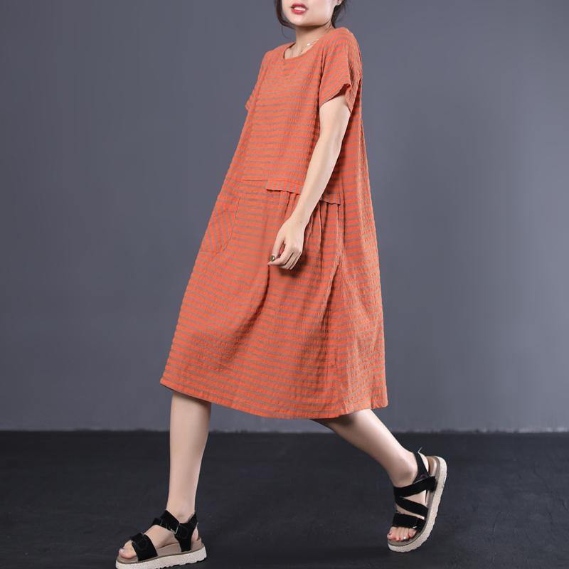 French o neck cotton tunic pattern Sleeve orange striped long Dress summer - Omychic
