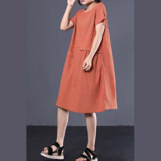 French o neck cotton tunic pattern Sleeve orange striped long Dress summer - Omychic