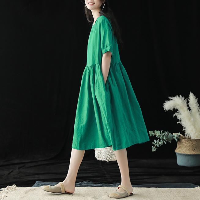 French o neck half sleeve linen Robes Sewing green Dresses summer - Omychic