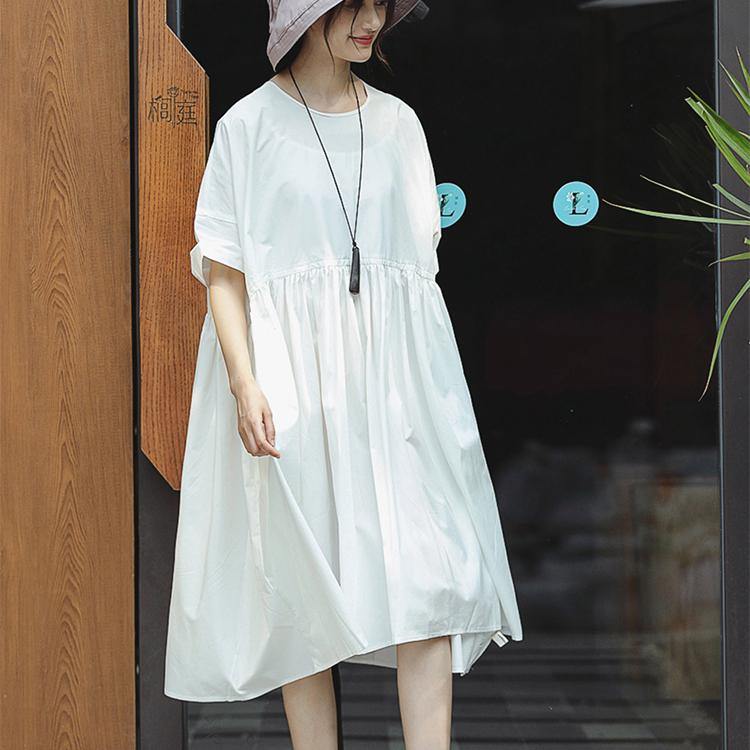 French o neck large hem Cotton Tunics Mom Outfits white A Line Dresses summer - Omychic