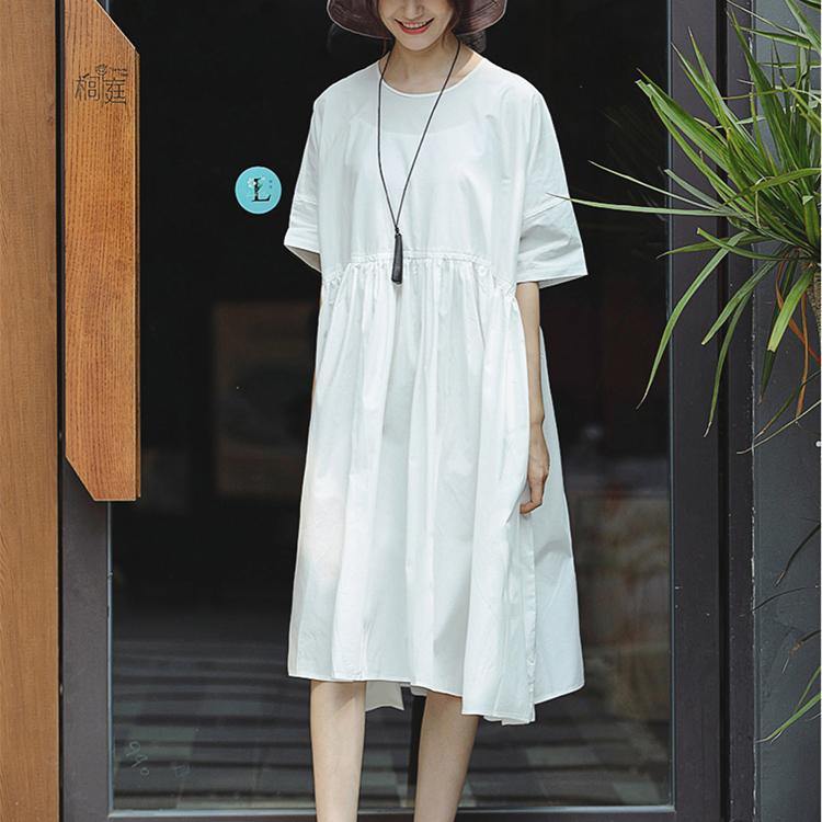 French o neck large hem Cotton Tunics Mom Outfits white A Line Dresses summer - Omychic