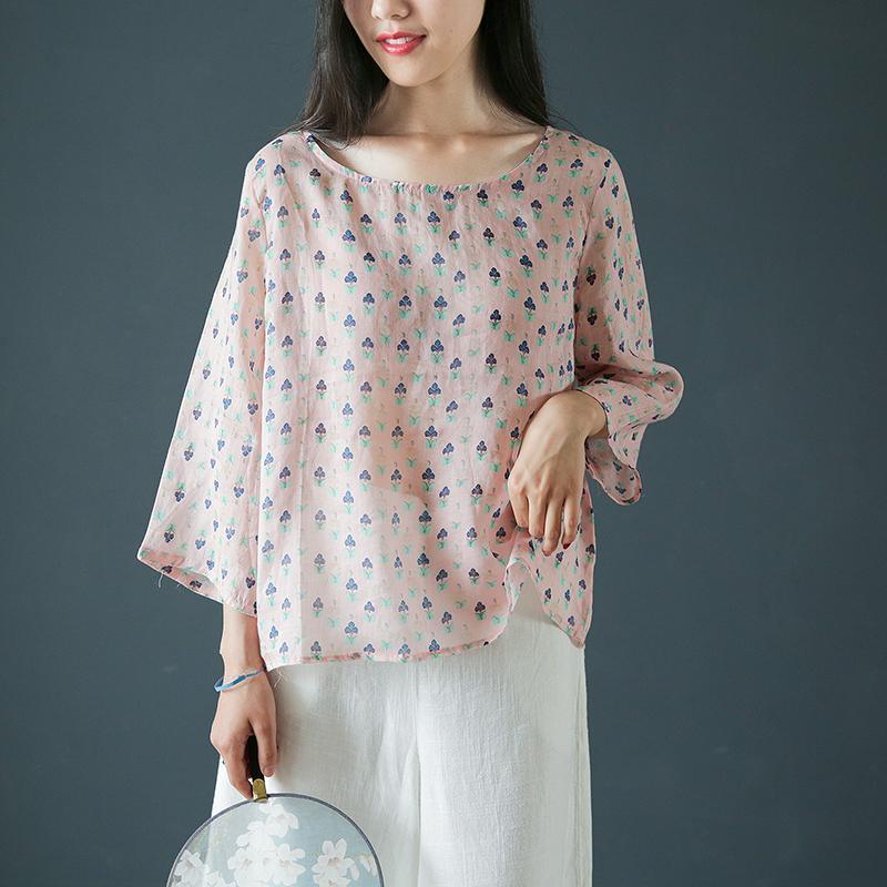 French o neck linen Blouse  pink prints top summer - Omychic