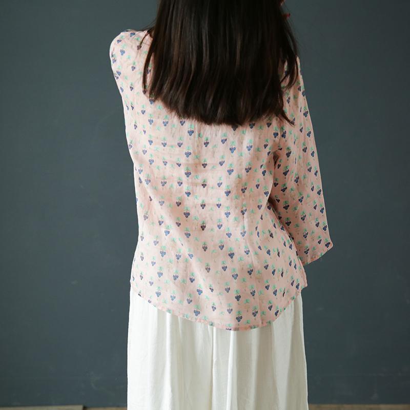 French o neck linen Blouse  pink prints top summer - Omychic