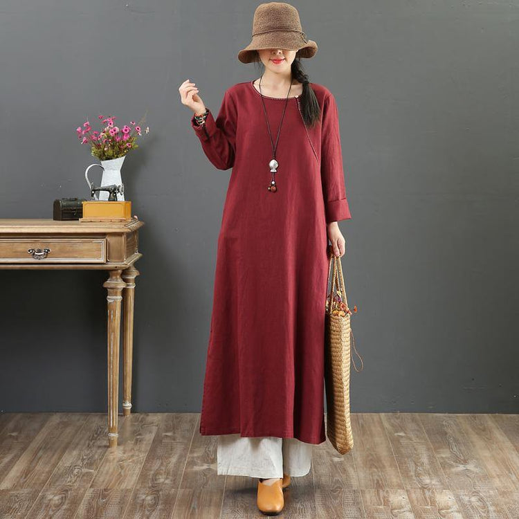 French o neck linen clothes For Women Shirts burgundy Dresses fall - Omychic