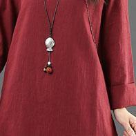 French o neck linen clothes For Women Shirts burgundy Dresses fall - Omychic