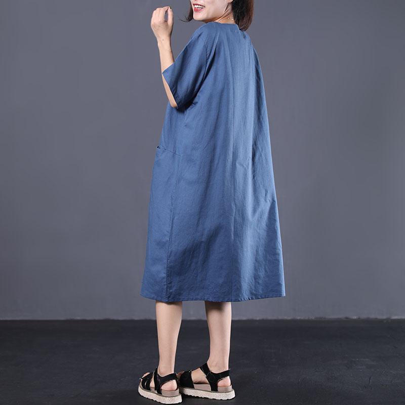 French o neck linen clothes For Women Work Outfits blue Dresses summer - Omychic