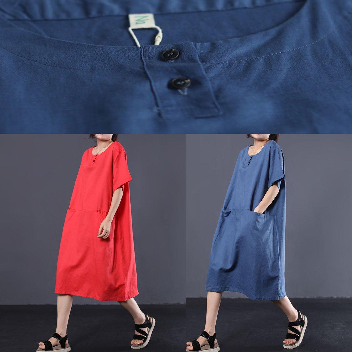 French o neck linen clothes For Women Work Outfits blue Dresses summer - Omychic