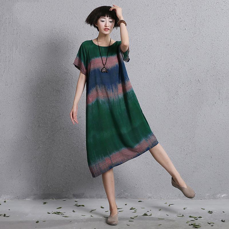 French o neck linen clothes Wardrobes green Dress patchwork color - Omychic