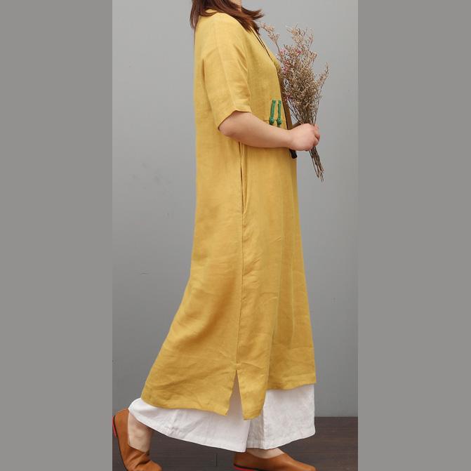 French o neck linen dresses Fabrics Chinese Button yellow Dress summer - Omychic