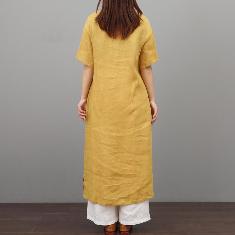 French o neck linen dresses Fabrics Chinese Button yellow Dress summer - Omychic
