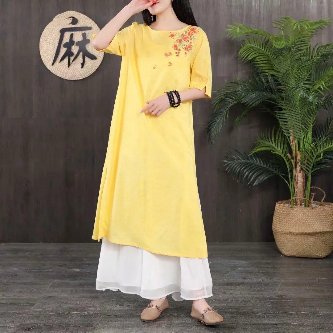 French o neck linen dresses Tunic Tops yellow Dress summer - Omychic