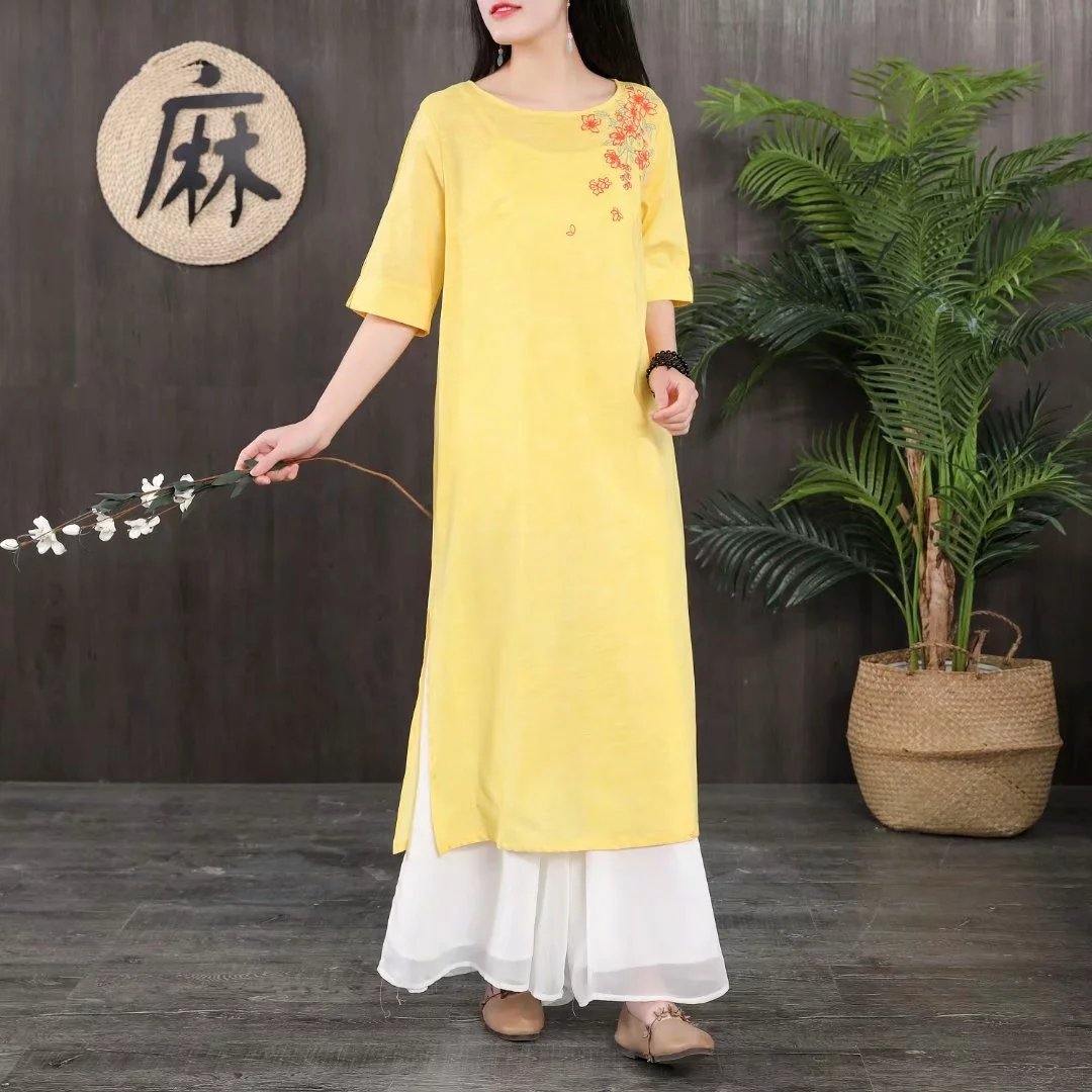 French o neck linen dresses Tunic Tops yellow Dress summer - Omychic