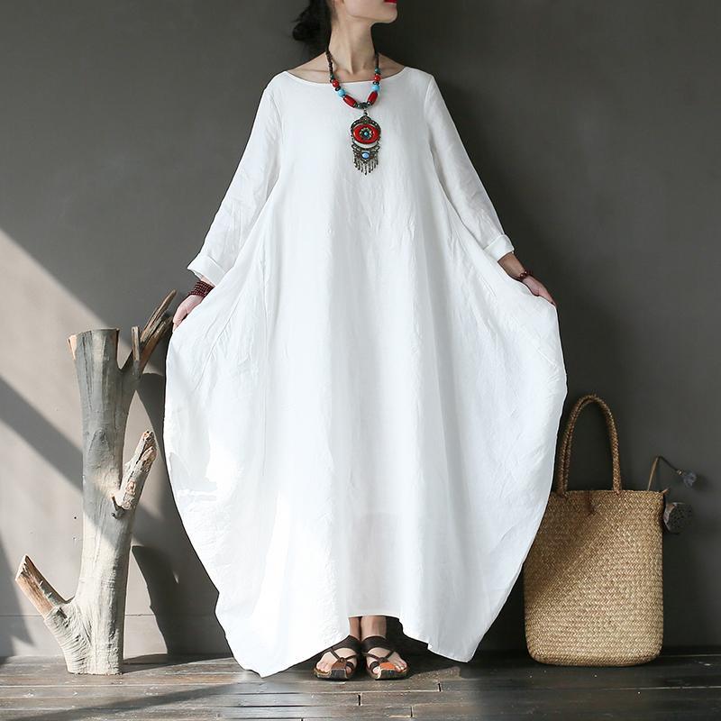 French o neck linen spring clothes For Women Wardrobes white Dress - Omychic