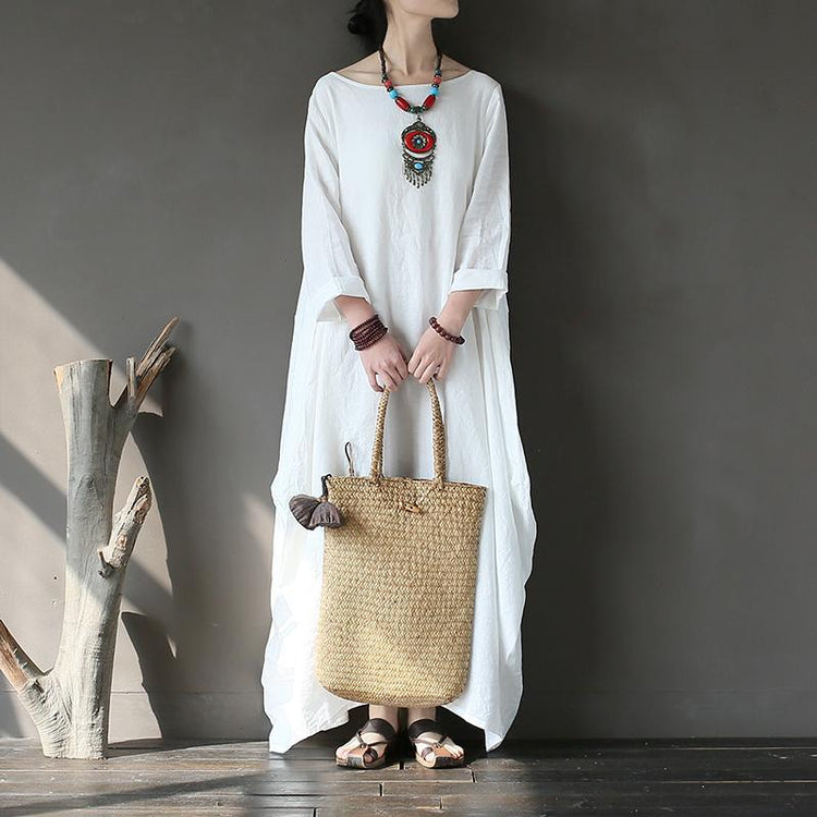 French o neck linen spring clothes For Women Wardrobes white Dress - Omychic