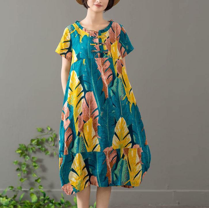 French o neck patchwork linen cotton dresses Work Outfits yellow print Dress summer - Omychic