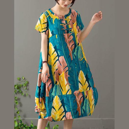 French o neck patchwork linen cotton dresses Work Outfits yellow print Dress summer - Omychic