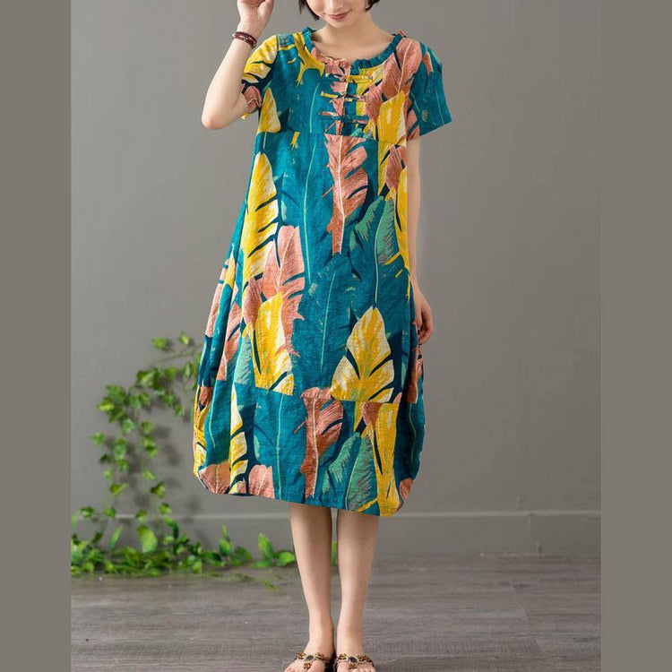 French o neck patchwork linen cotton dresses Work Outfits yellow print Dress summer - Omychic