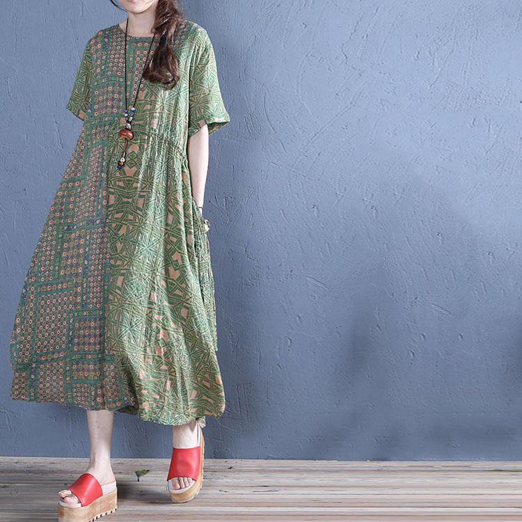 French o neck pockets cotton Sewing green print A Line Dress summer - Omychic