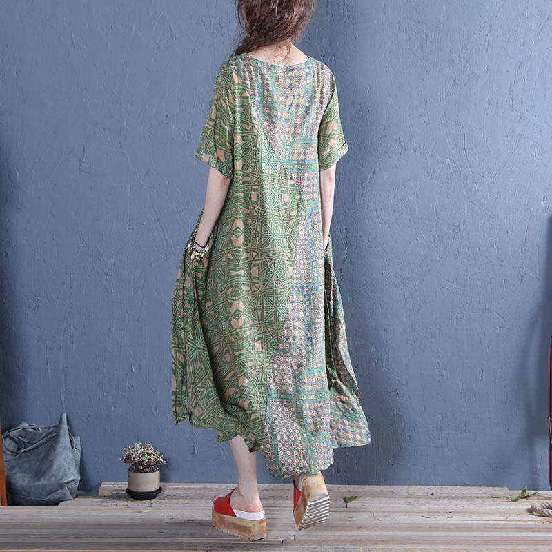 French o neck pockets cotton Sewing green print A Line Dress summer - Omychic