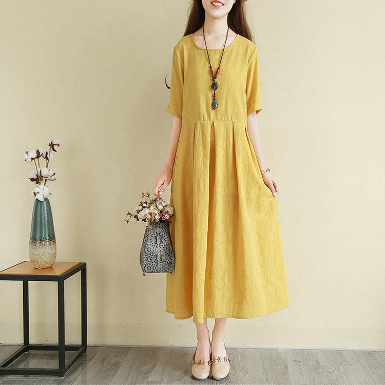 French O Neck Pockets Cotton Linen Robes Boutique Neckline Yellow Plus Size Clothing Dresses ( Limited Stock) - Omychic