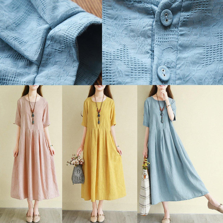 French O Neck Pockets Cotton Linen Robes Boutique Neckline Yellow Plus Size Clothing Dresses ( Limited Stock) - Omychic