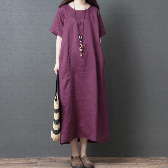 French o neck pockets linen clothes Work Outfits purple cotton robes Dress summer - Omychic