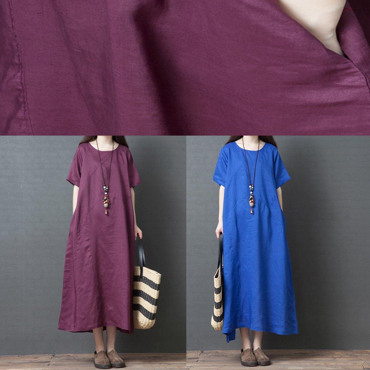 French o neck pockets linen clothes Work Outfits purple cotton robes Dress summer - Omychic