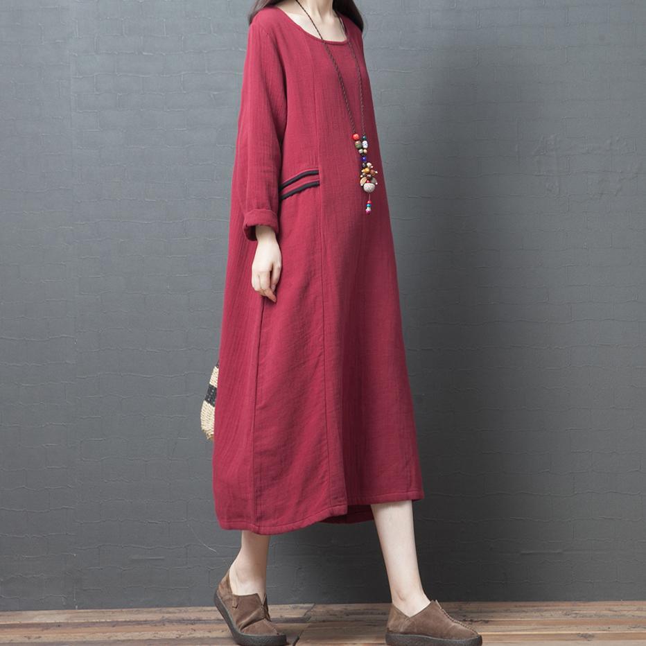 French o neck pockets linen fall dress Online Shopping red Dresses - Omychic