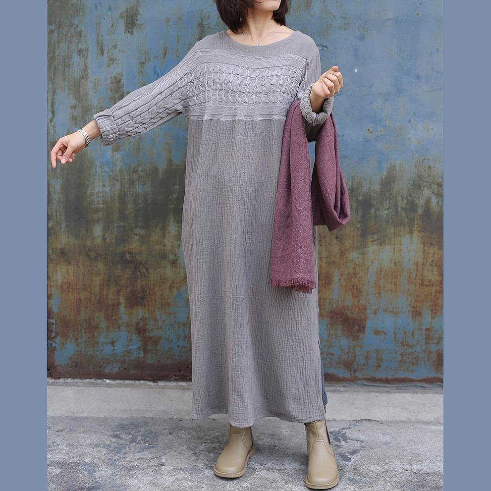 French o neck side open cotton clothes For Women Runway gray Dress - Omychic