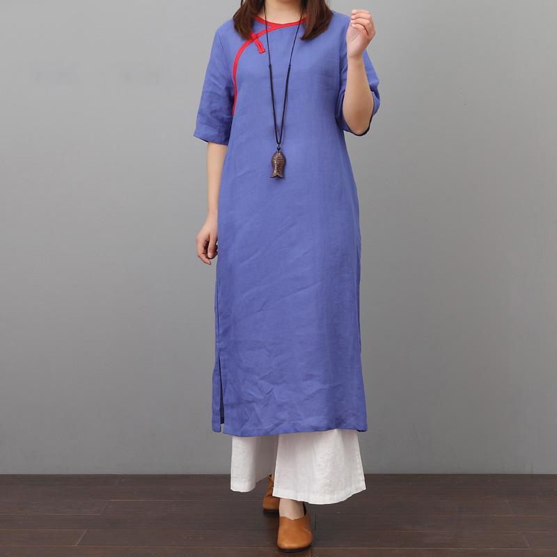 French o neck side open linen dress Online Shopping blue Dress summer - Omychic