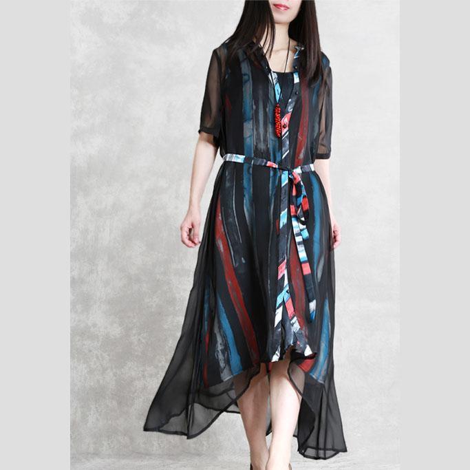 French o neck two pieces clothes stylish Online Shopping black print Maxi Dress Summer - Omychic