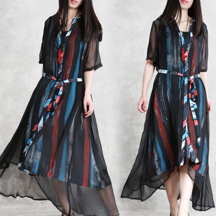 French o neck two pieces clothes stylish Online Shopping black print Maxi Dress Summer - Omychic