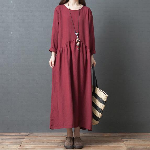 French o neck wrinkled linen Long Shirts Casual Sewing red Traveling Dresses - Omychic