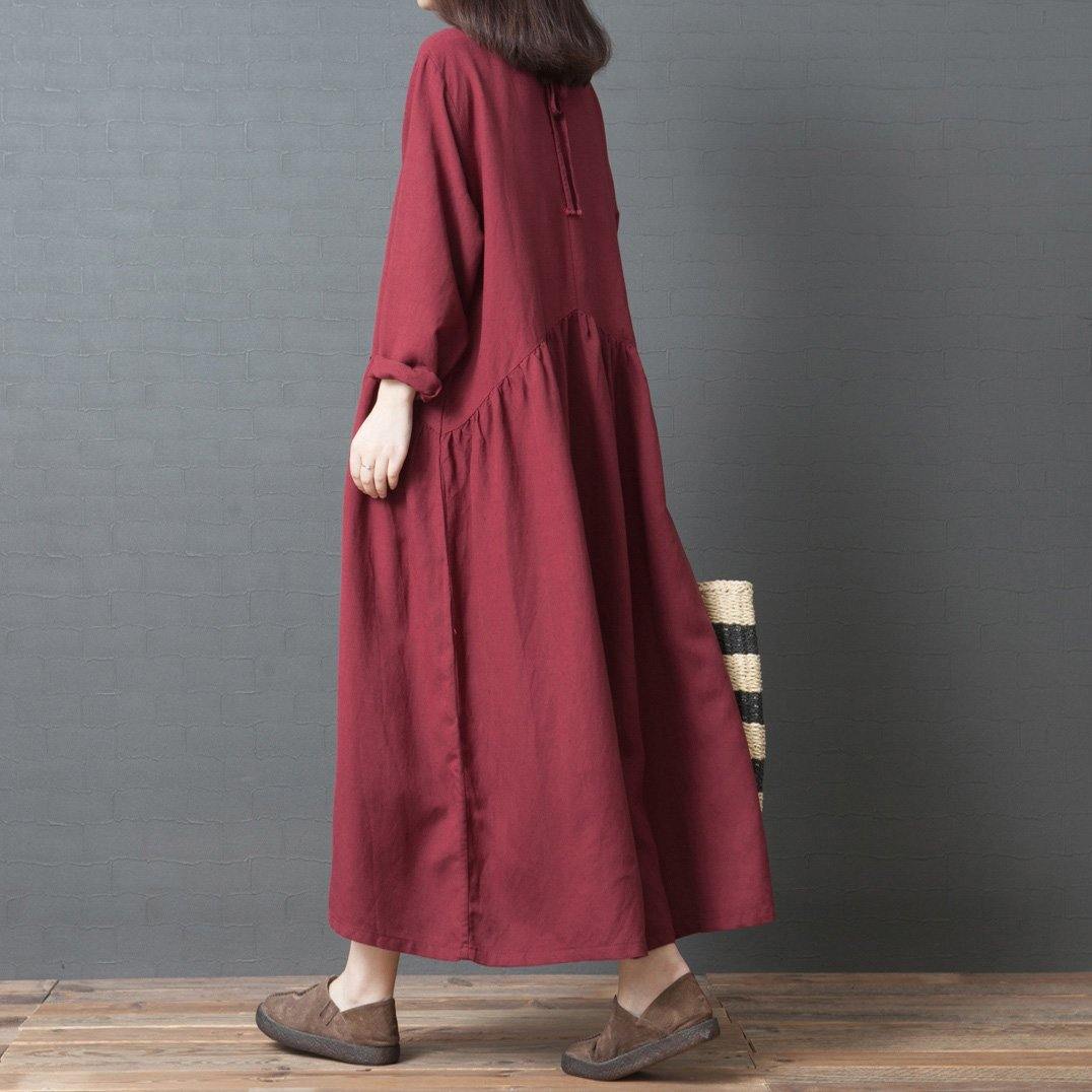 French o neck wrinkled linen Long Shirts Casual Sewing red Traveling Dresses - Omychic