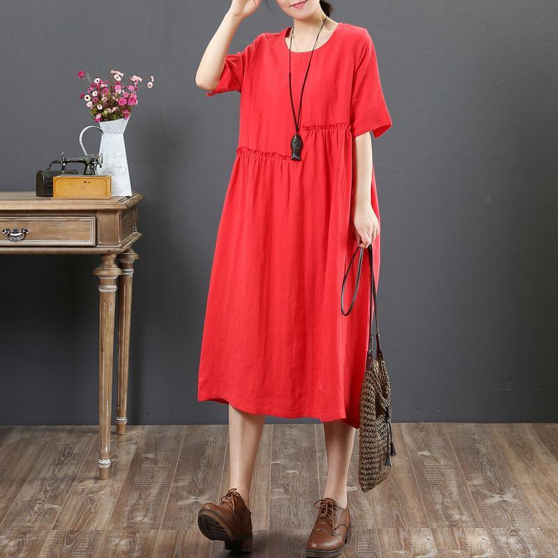 French o neck wrinkled linen Wardrobes Casual Cotton red daily Dress Summer - Omychic