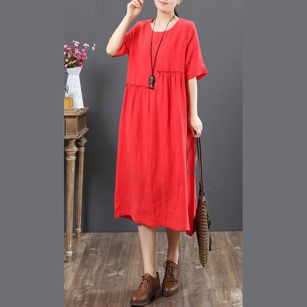French o neck wrinkled linen Wardrobes Casual Cotton red daily Dress Summer - Omychic