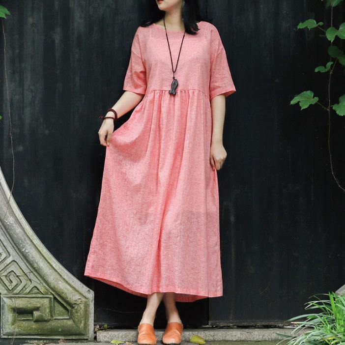 French o neck wrinkled linen clothes Runway pink loose Dresses Summer - Omychic