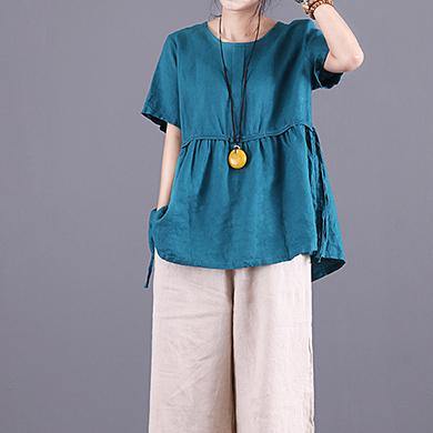 French o neck wrinkled linen clothes Work blue tops summer - Omychic