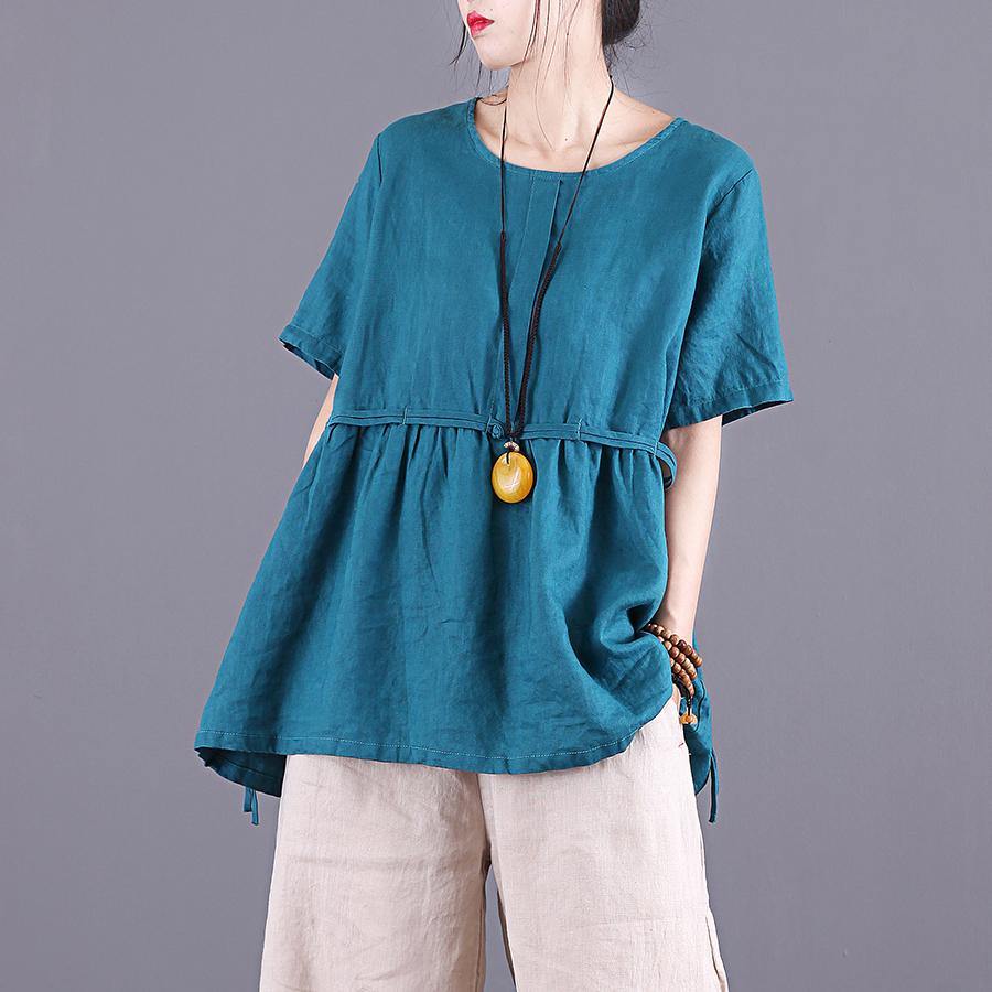 French o neck wrinkled linen clothes Work blue tops summer - Omychic