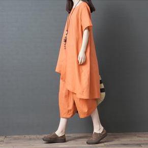 French orange clothes For Women plus size Cotton Linen Solid Loose Irregular Blouse And Pants - Omychic