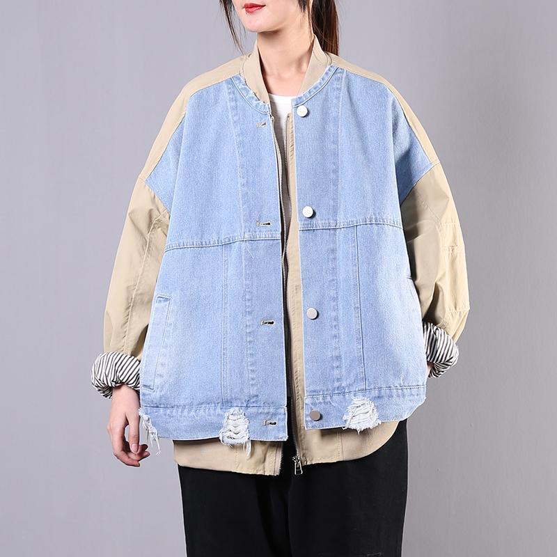 French patchwork Batwing Sleeve cotton linen tops women Work blue coat - Omychic