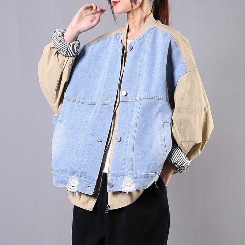 French patchwork Batwing Sleeve cotton linen tops women Work blue coat - Omychic