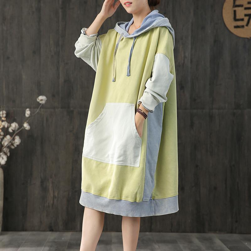 French patchwork Cotton Tunics Fabrics light yellow hooded  Dress fall - Omychic