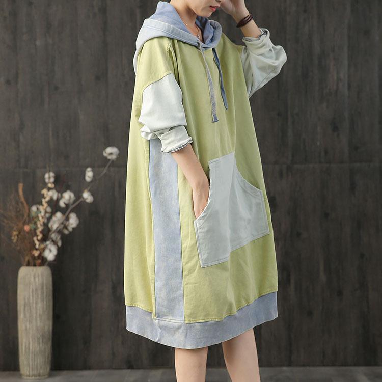 French patchwork Cotton Tunics Fabrics light yellow hooded  Dress fall - Omychic