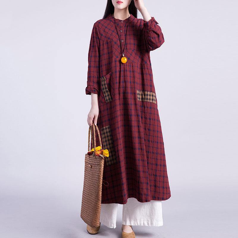 French patchwork cotton tunic top Work dark red plaid loose Dresses autumn - Omychic