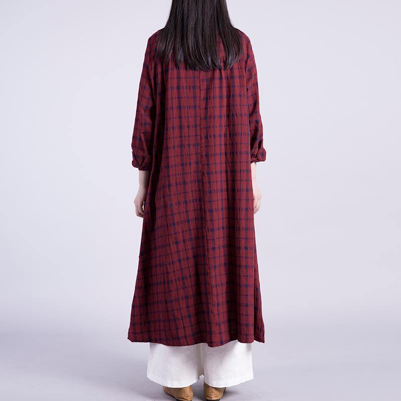 French patchwork cotton tunic top Work dark red plaid loose Dresses autumn - Omychic