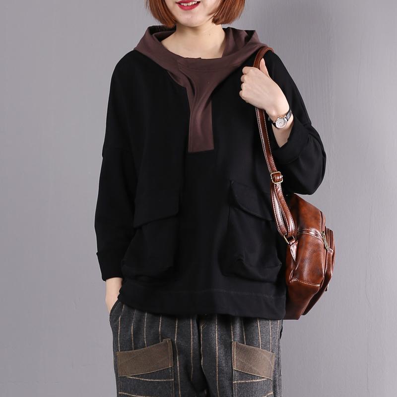 French patchwork hooded cotton Blouse Wardrobes black shirts fall - Omychic
